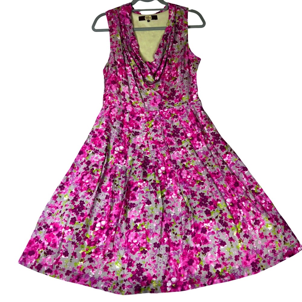 Eva Franco Floral Dress Womens 10 Pink Purple Cowl Neck A-Line knee length